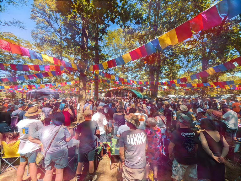 Woodland festival stage crowded with spectators beneath bright strings of red, blue, yellow and pink bunting.