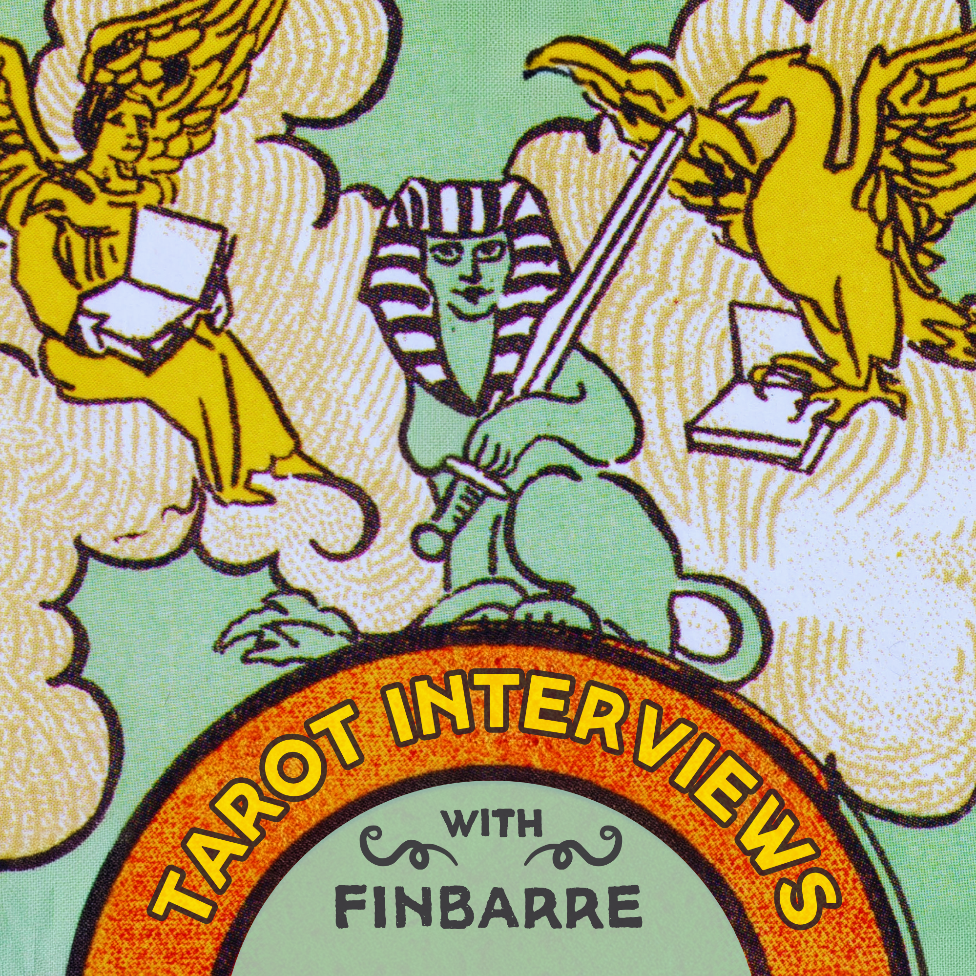 Tarot Interviews with Finbarre front page artwork, inspired by the Wheel of Fortune tarot card, with a sphinx, winged figures and bold yellow podcast title text.
