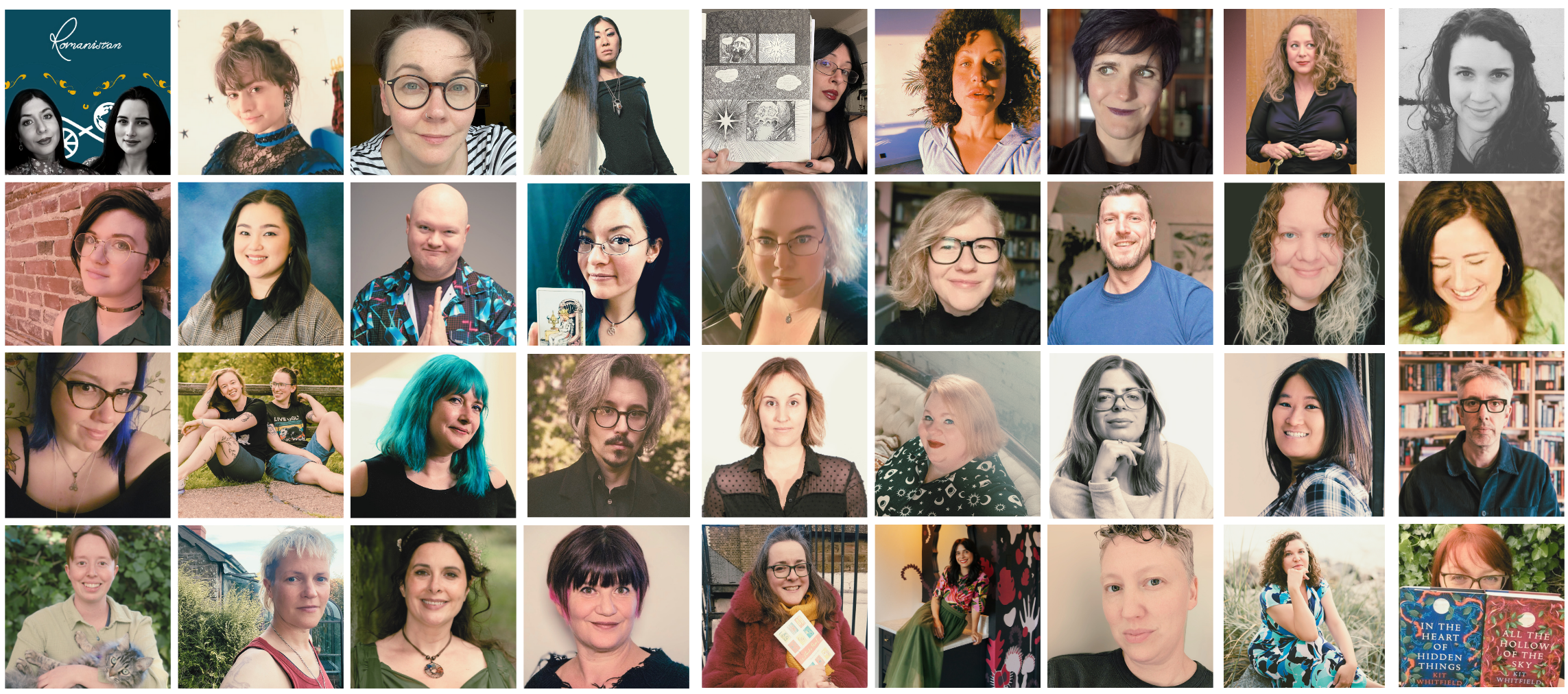 Collage portraits, artwork and book images representing people featured on Tarot Interviews and Tarot DMs, including writers, artists, performers, musicians, tarot creators and cultural contributors.