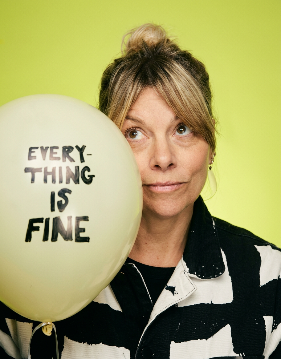Portrait of a blonde woman with her hair in a loose bun, wearing a black-and-white patterned jacket and holding a pale yellow balloon reading “EVERY-THING IS FINE” against a lime-green background.